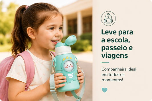 Garrafinha Infantil Dino 500ml Com Canudo Tampa Trava e Alça Ajustável