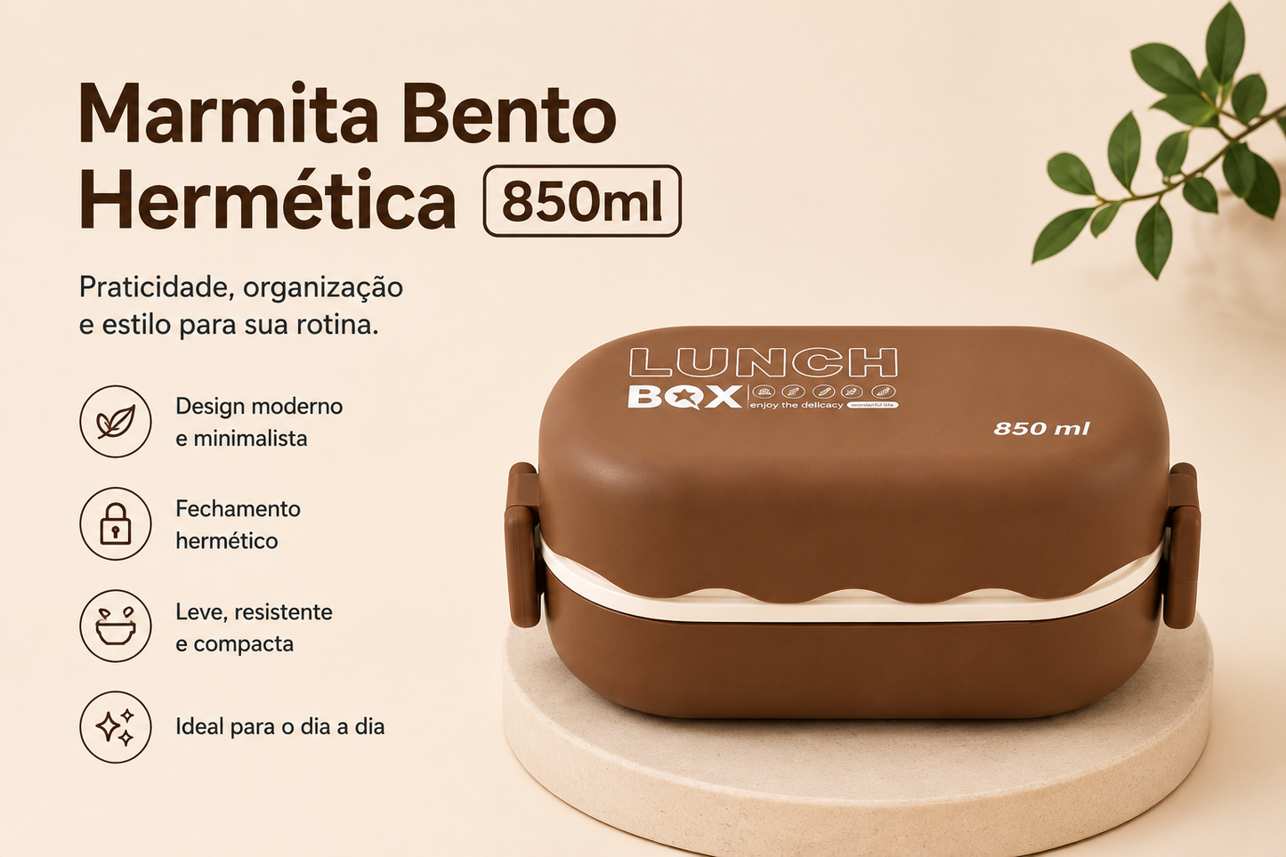 Marmita Bento Hermética 850ml – Marrom Café
