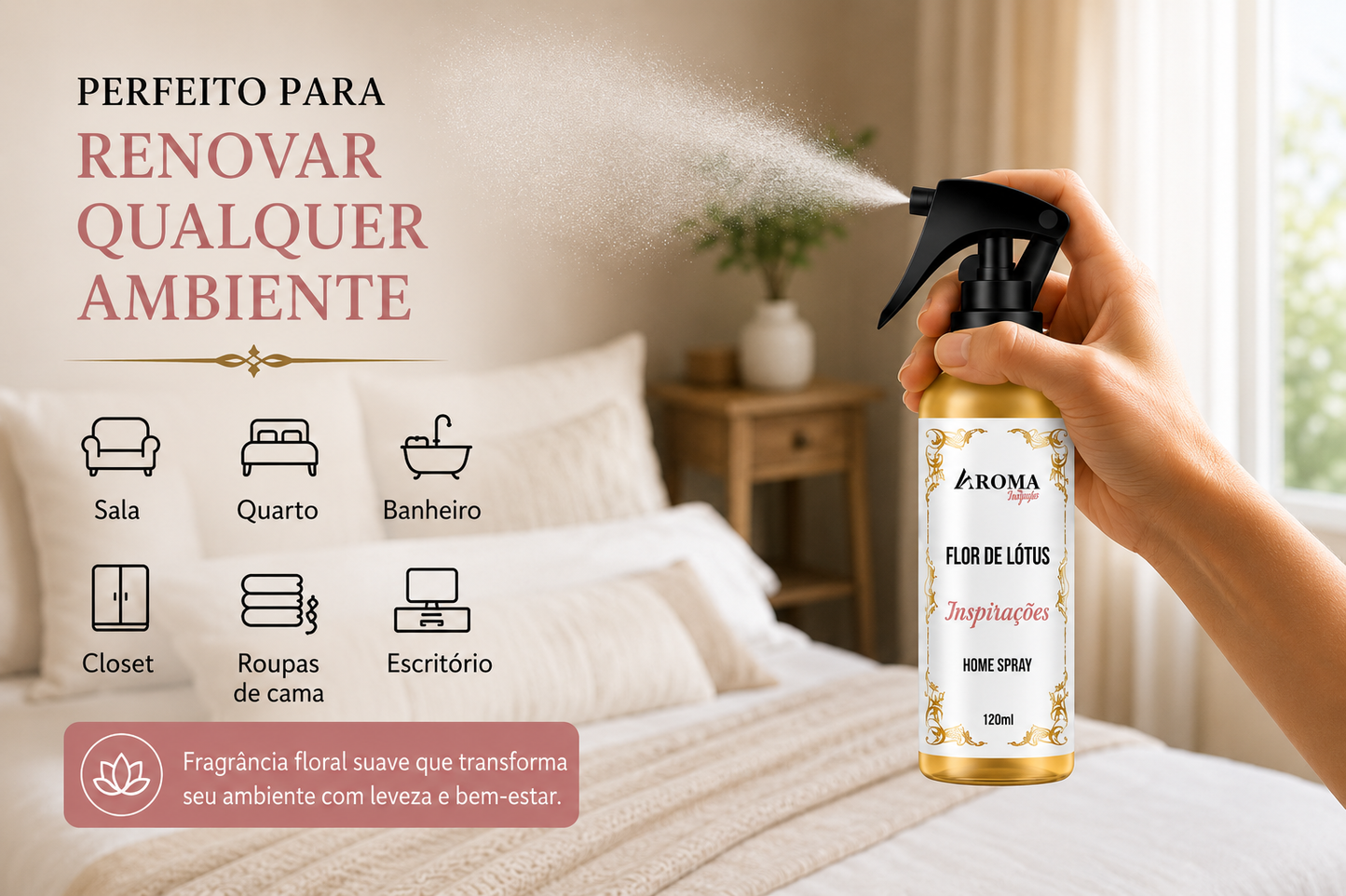 Home Spray Flor de Lótus 120ml – Aromatizador de Ambientes Aroma Inspirações