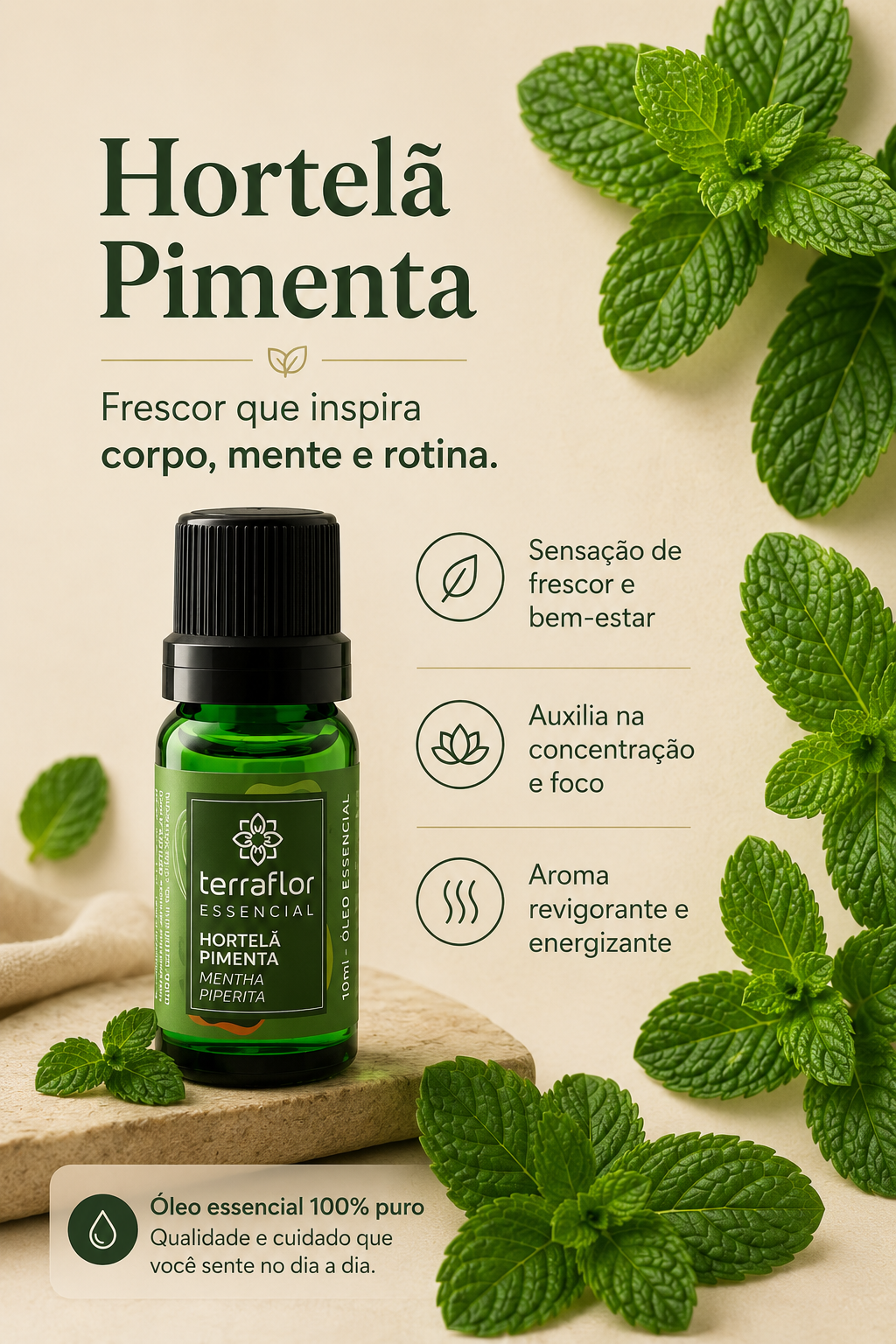 Óleo Essencial de Hortelã-Pimenta Terra Flor 10ml (Mentha Piperita) 100% Puro