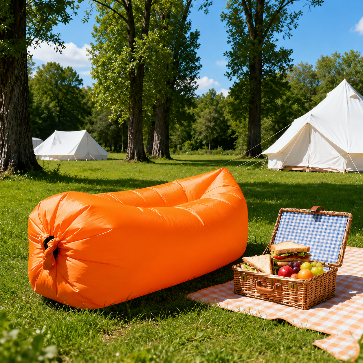 Sofá inflável laranja em camping