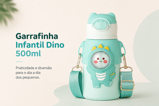 Garrafinha Infantil Dino 500ml Com Canudo Tampa Trava e Alça Ajustável