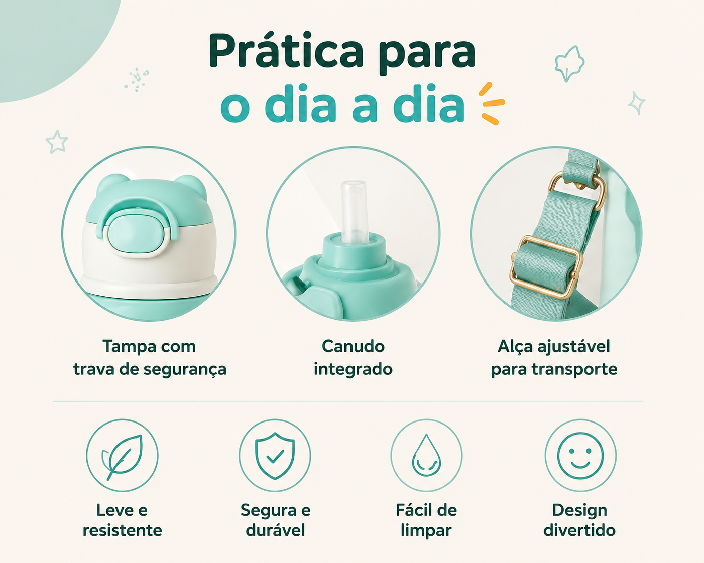 Garrafinha Infantil Dino 500ml Com Canudo Tampa Trava e Alça Ajustável