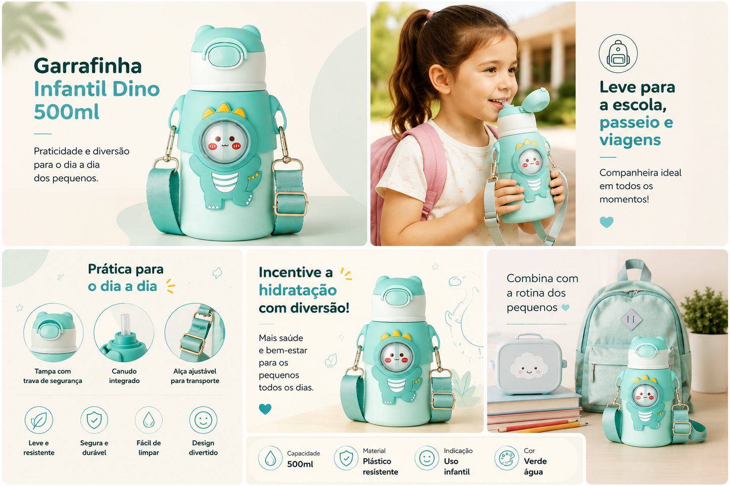 Garrafinha Infantil Dino 500ml Com Canudo Tampa Trava e Alça Ajustável