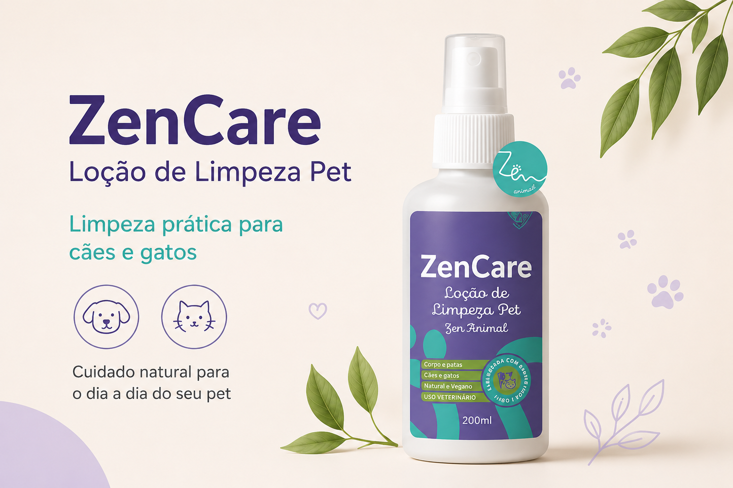 Loção de Limpeza Pet ZenCare 200ml – Higiene Natural para Cães e Gatos