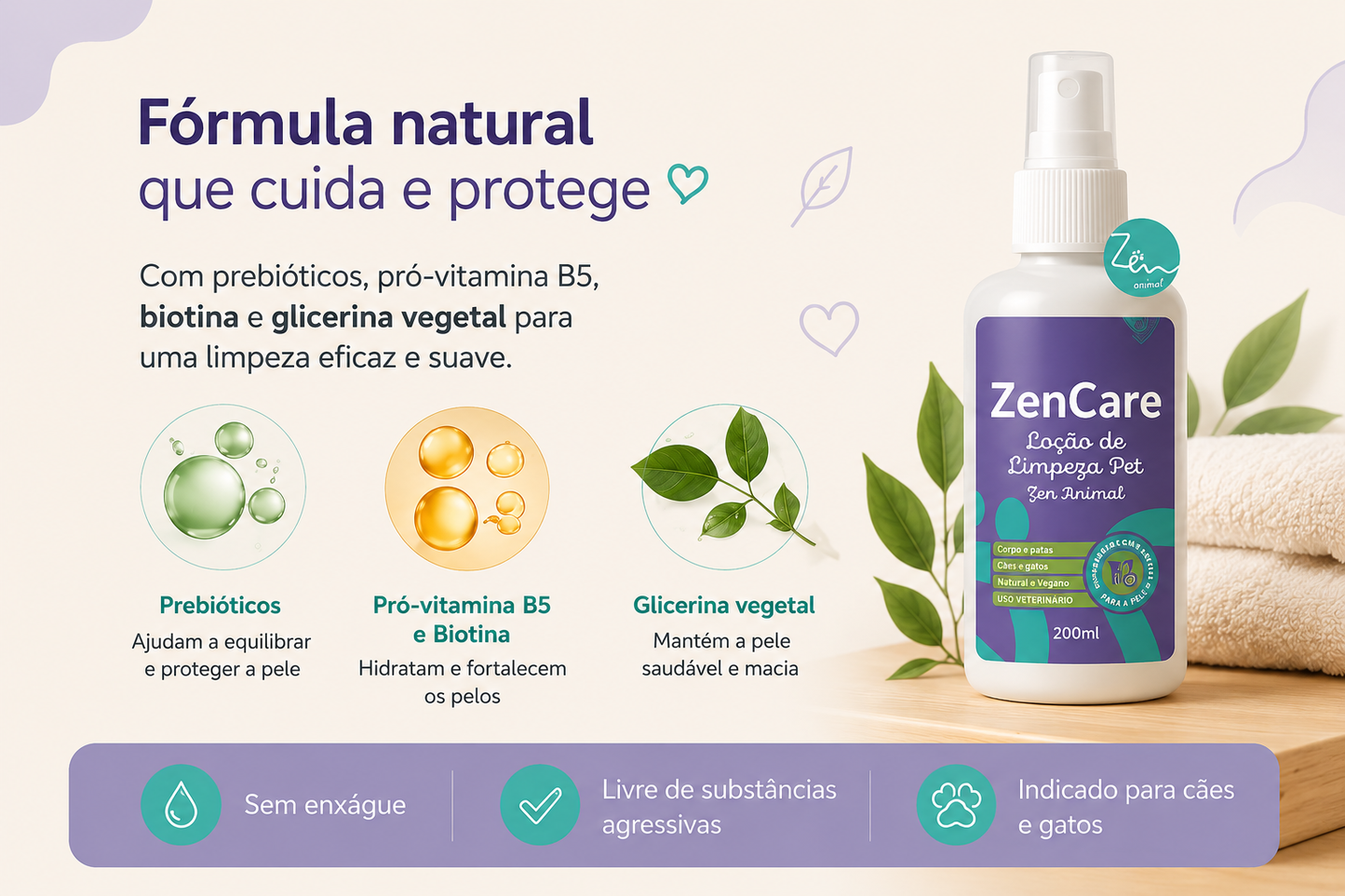 Loção de Limpeza Pet ZenCare 200ml – Higiene Natural para Cães e Gatos