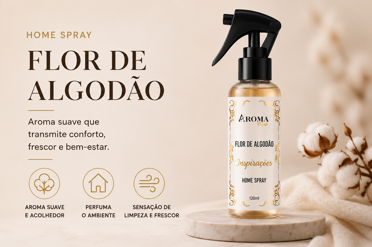 Home Spray Flor de Algodão 120ml Aromatizador de Ambiente Aroma Max