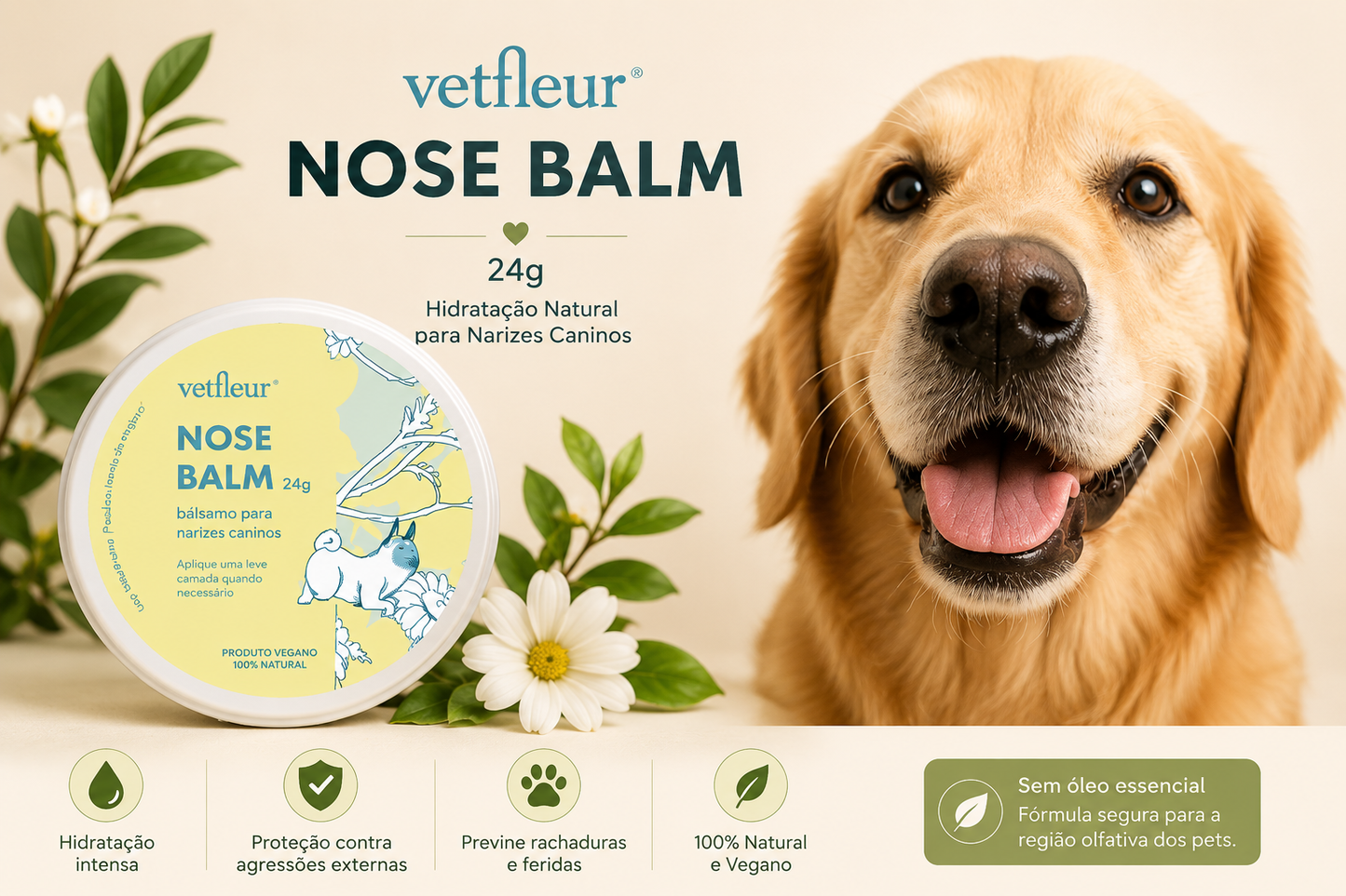 Nose Balm Vetfleur 24g – Hidratante Natural para Nariz de Cães | Vegano e Sem Óleo Essencial