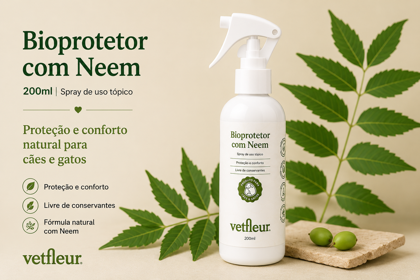Bioprotetor com Neem Vetfleur 200ml – Spray Natural para Cães e Gatos | Livre de Conservantes