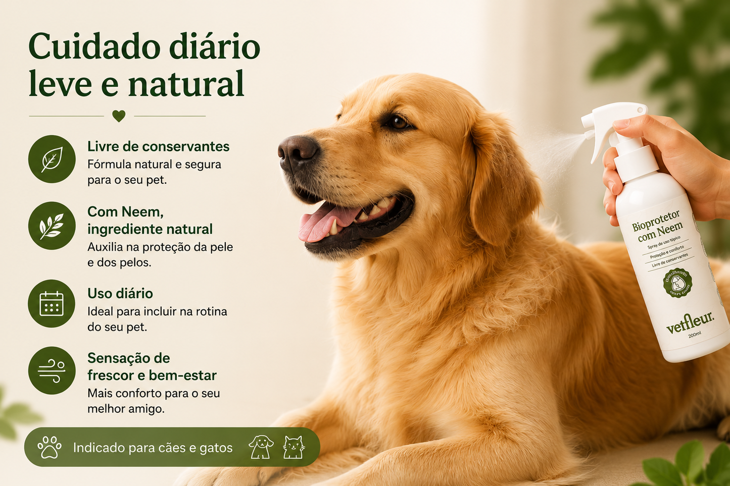 Bioprotetor com Neem Vetfleur 200ml – Spray Natural para Cães e Gatos | Livre de Conservantes