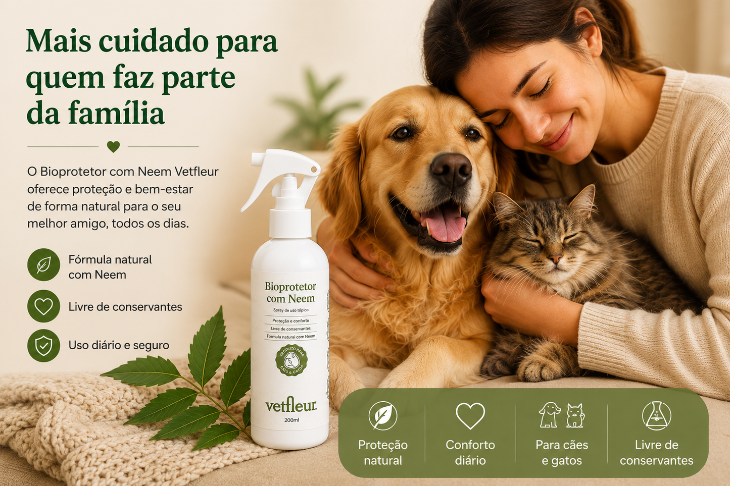 Bioprotetor com Neem Vetfleur 200ml – Spray Natural para Cães e Gatos | Livre de Conservantes