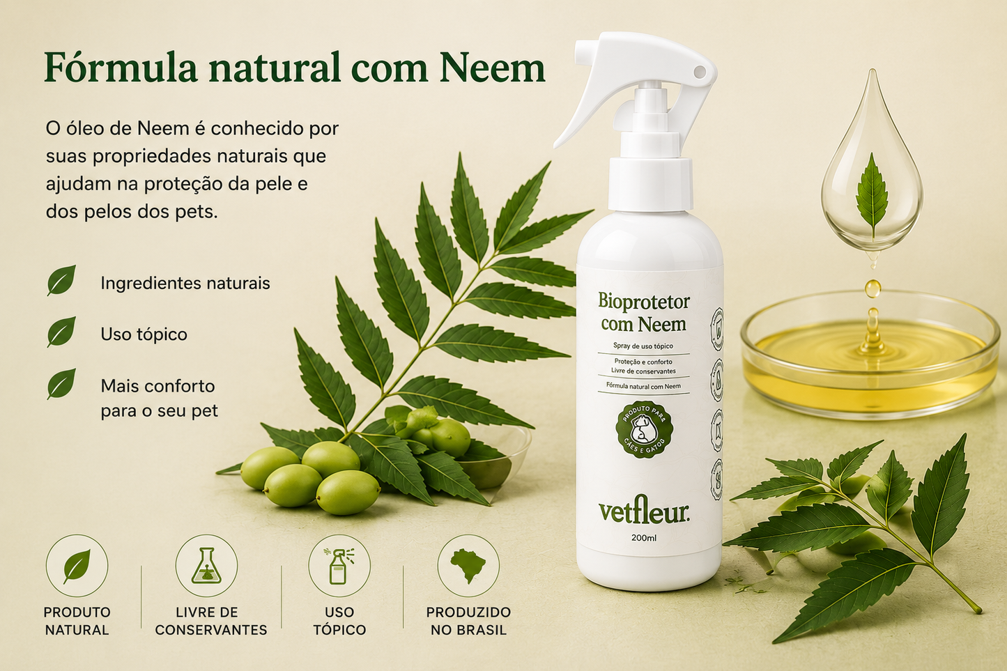 Bioprotetor com Neem Vetfleur 200ml – Spray Natural para Cães e Gatos | Livre de Conservantes