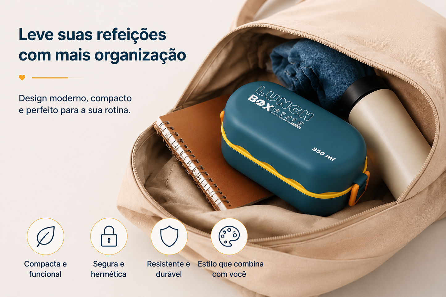 Marmita Lunch Box 850ml com Talheres – Pote Hermético para Refeições | Azul e Amarelo