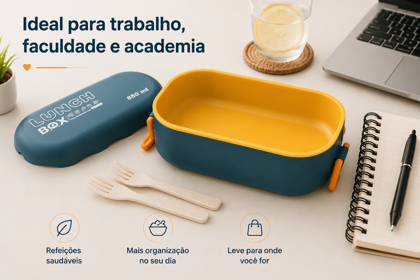 Marmita Lunch Box 850ml com Talheres – Pote Hermético para Refeições | Azul e Amarelo