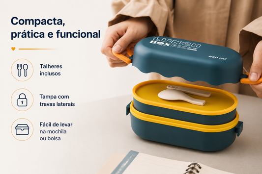 Marmita Lunch Box 850ml com Talheres – Pote Hermético para Refeições | Azul e Amarelo