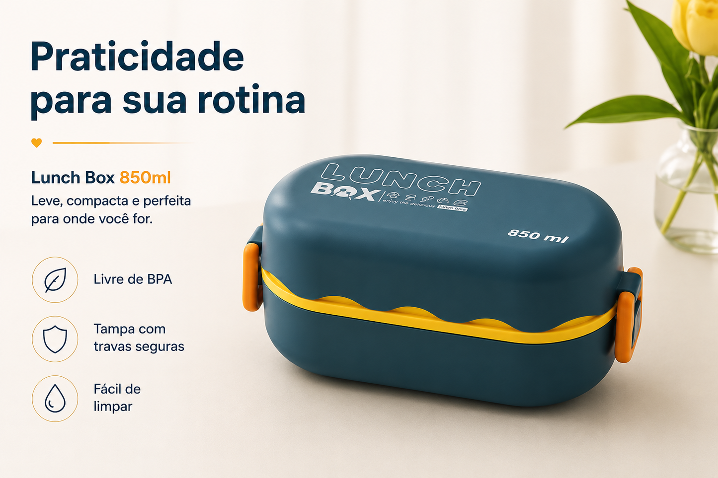 Marmita Lunch Box 850ml com Talheres – Pote Hermético para Refeições | Azul e Amarelo