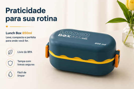 Marmita Lunch Box 850ml com Talheres – Pote Hermético para Refeições | Azul e Amarelo