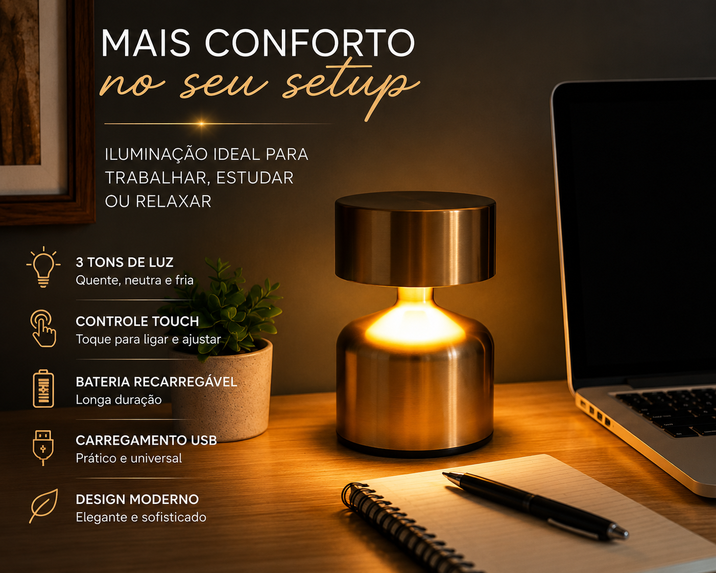 Luminária LED Touch Recarregável USB Dourada 3 Tons de Luz