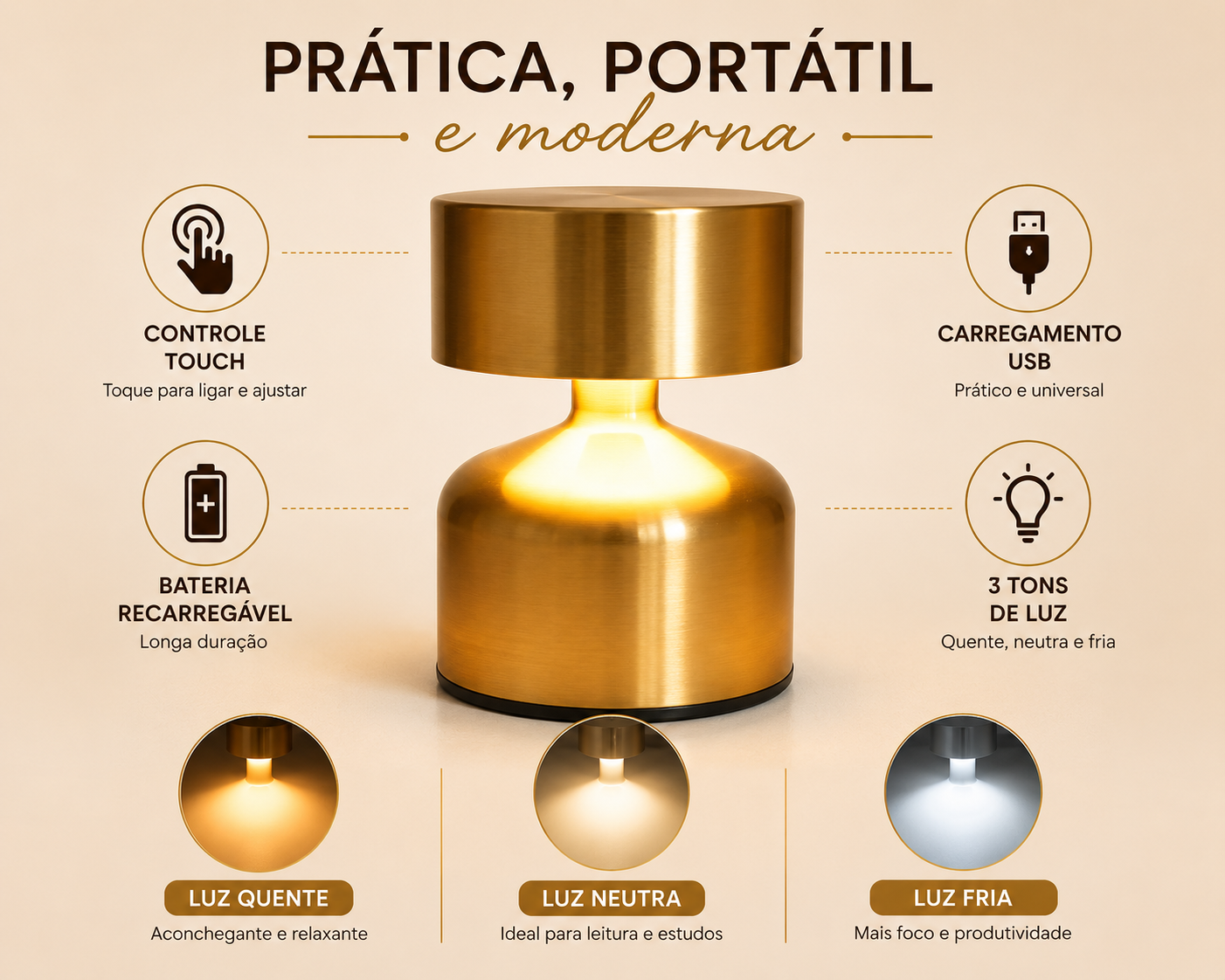 Luminária LED Touch Recarregável USB Dourada 3 Tons de Luz