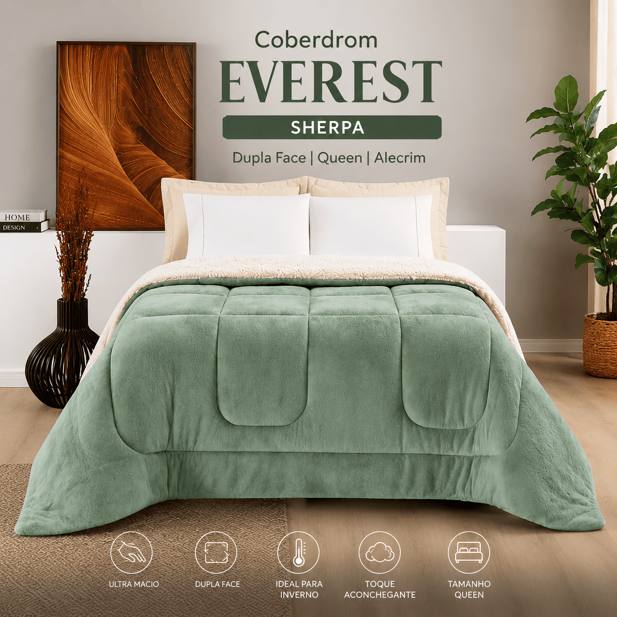 Coberdrom Queen Everest Sherpa Dupla Face Alecrim Ultra Macio
