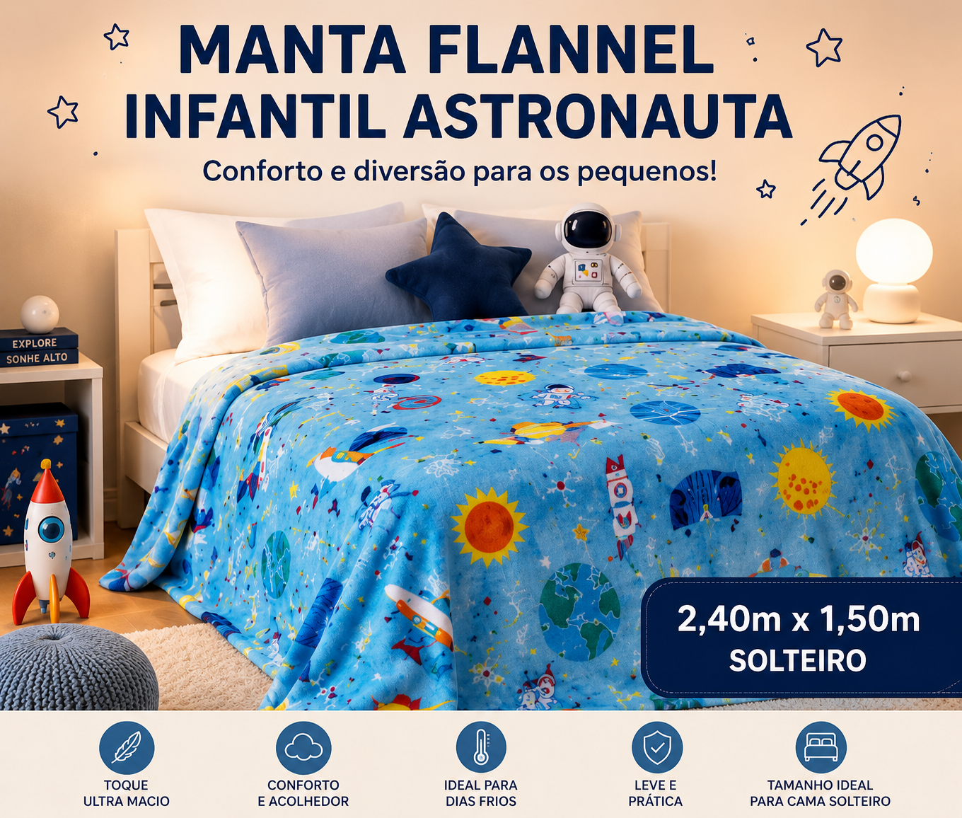 Manta Flannel Infantil Astronauta 2,40x1,50 Ultra Macia
