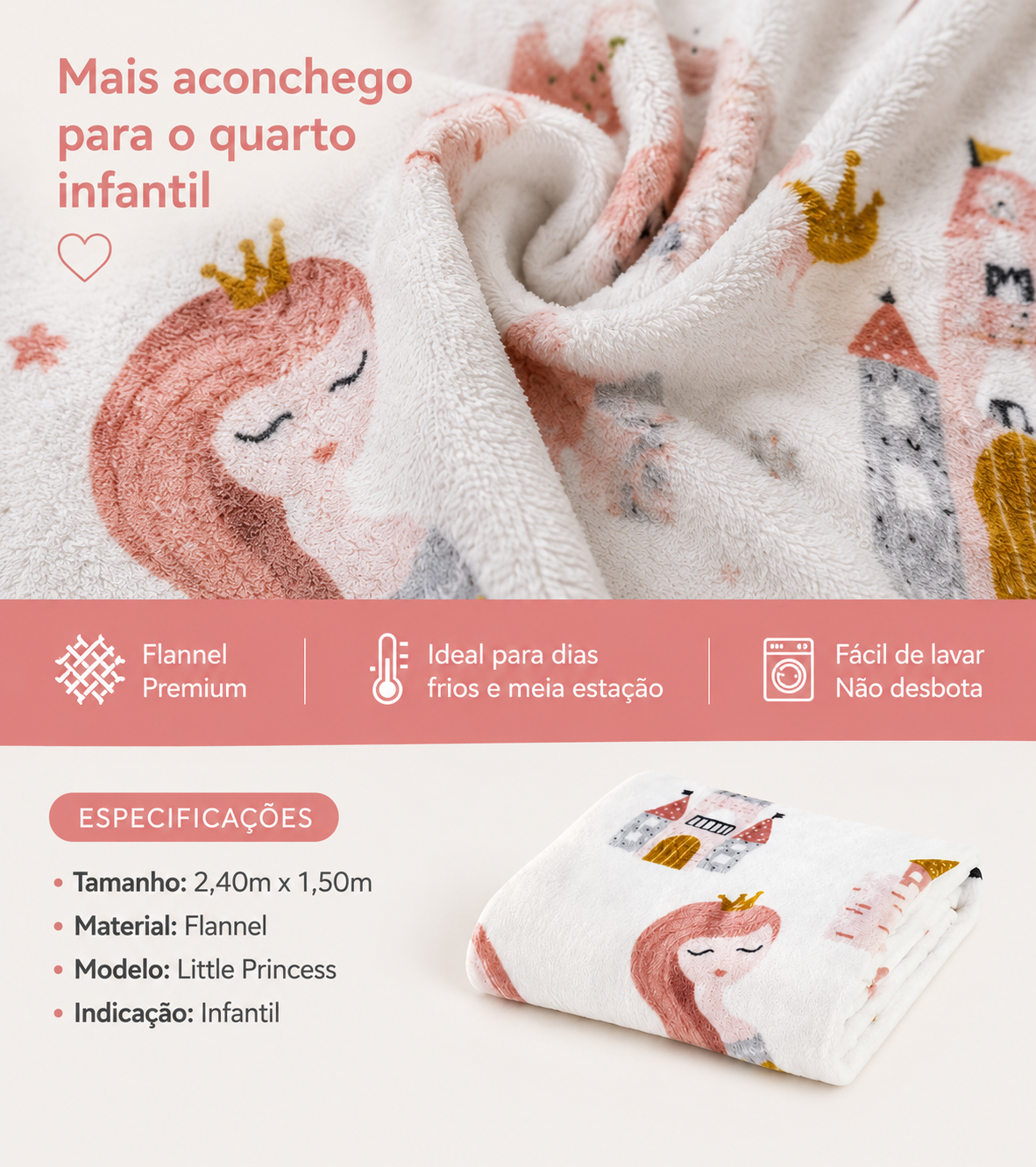 Manta Flannel Infantil Little Princess 2,40m x 1,50m | Bee Zen
