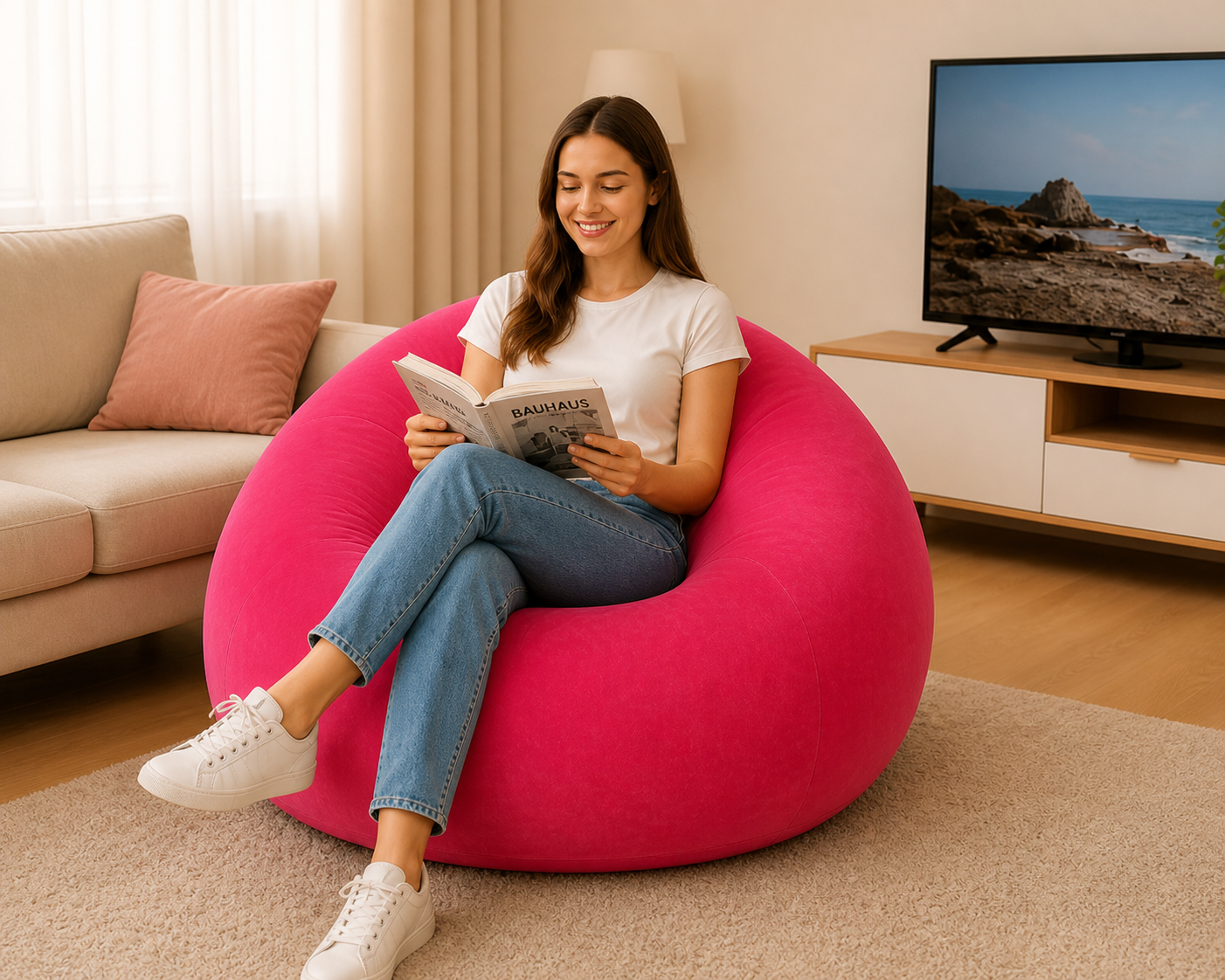 Poltrona Inflável Rosa Portátil – Sofá Relax para Praia, Piscina e Camping
