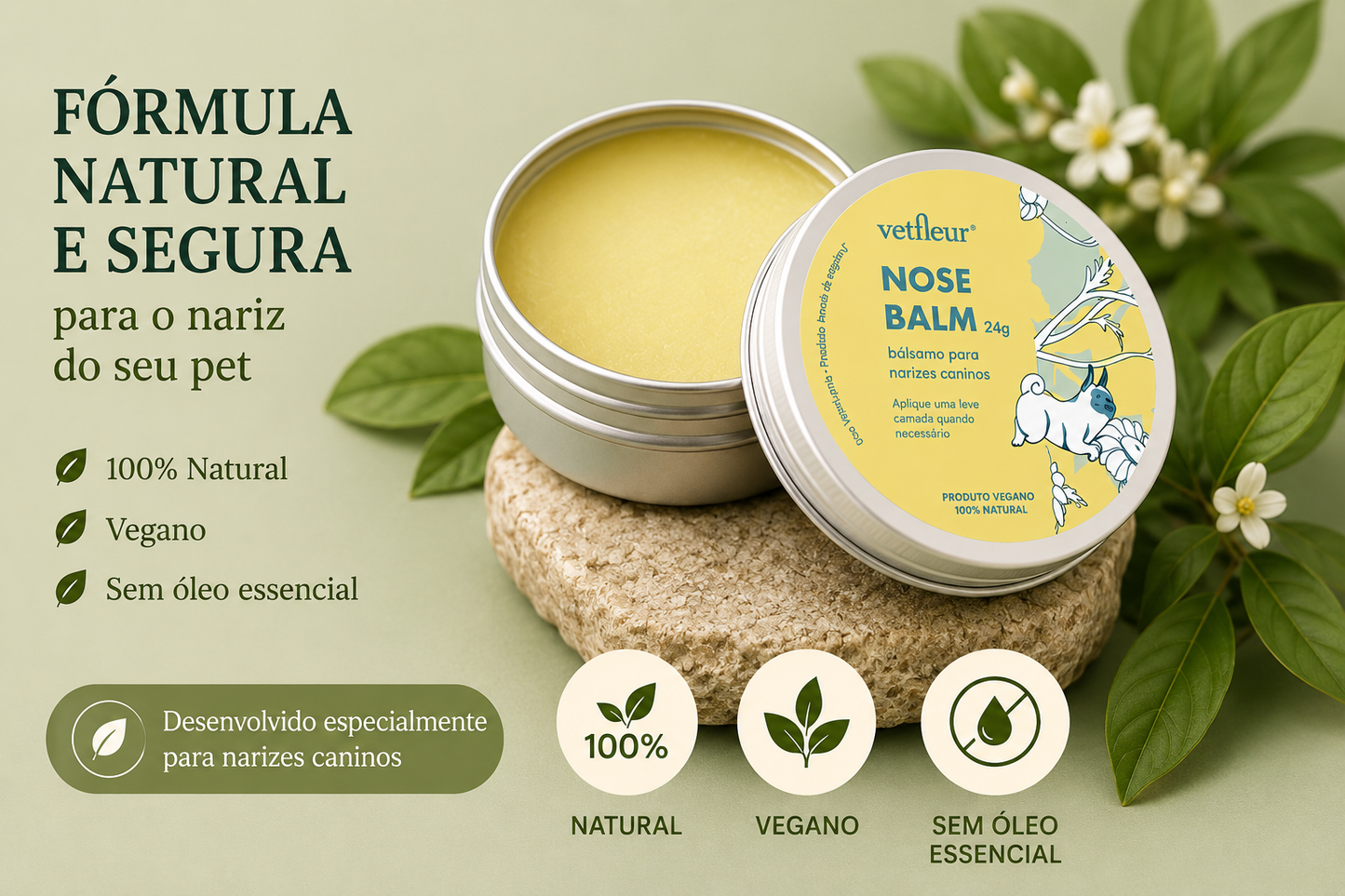 Nose Balm Vetfleur 24g – Hidratante Natural para Nariz de Cães | Vegano e Sem Óleo Essencial