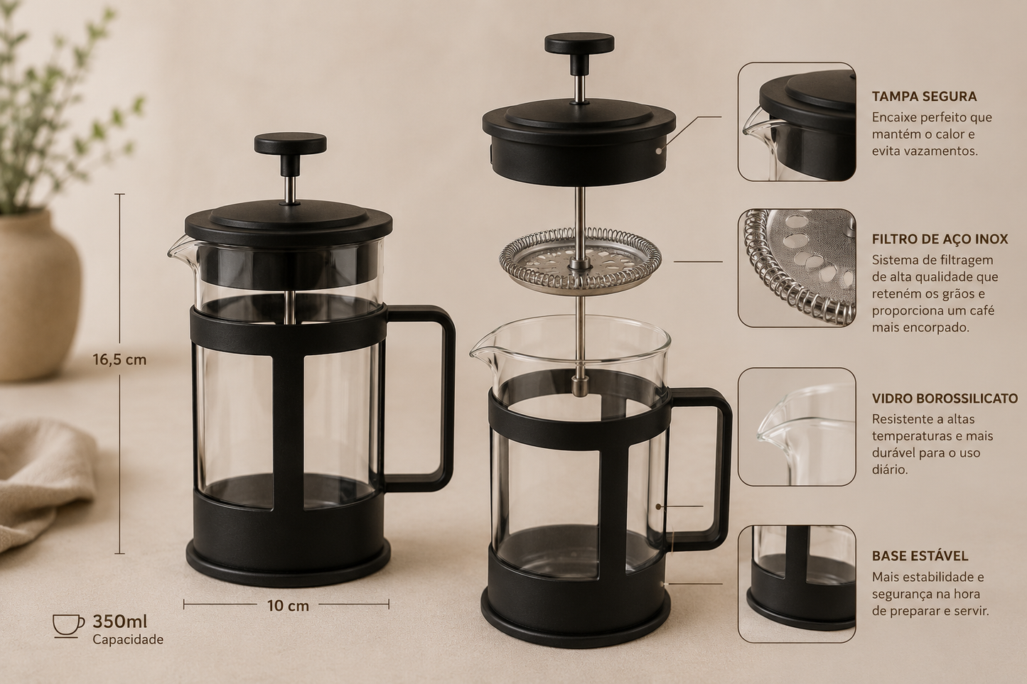 Prensa Francesa 350ml para Café e Chá | Mais Aroma, Mais Sabor, Mais Presença