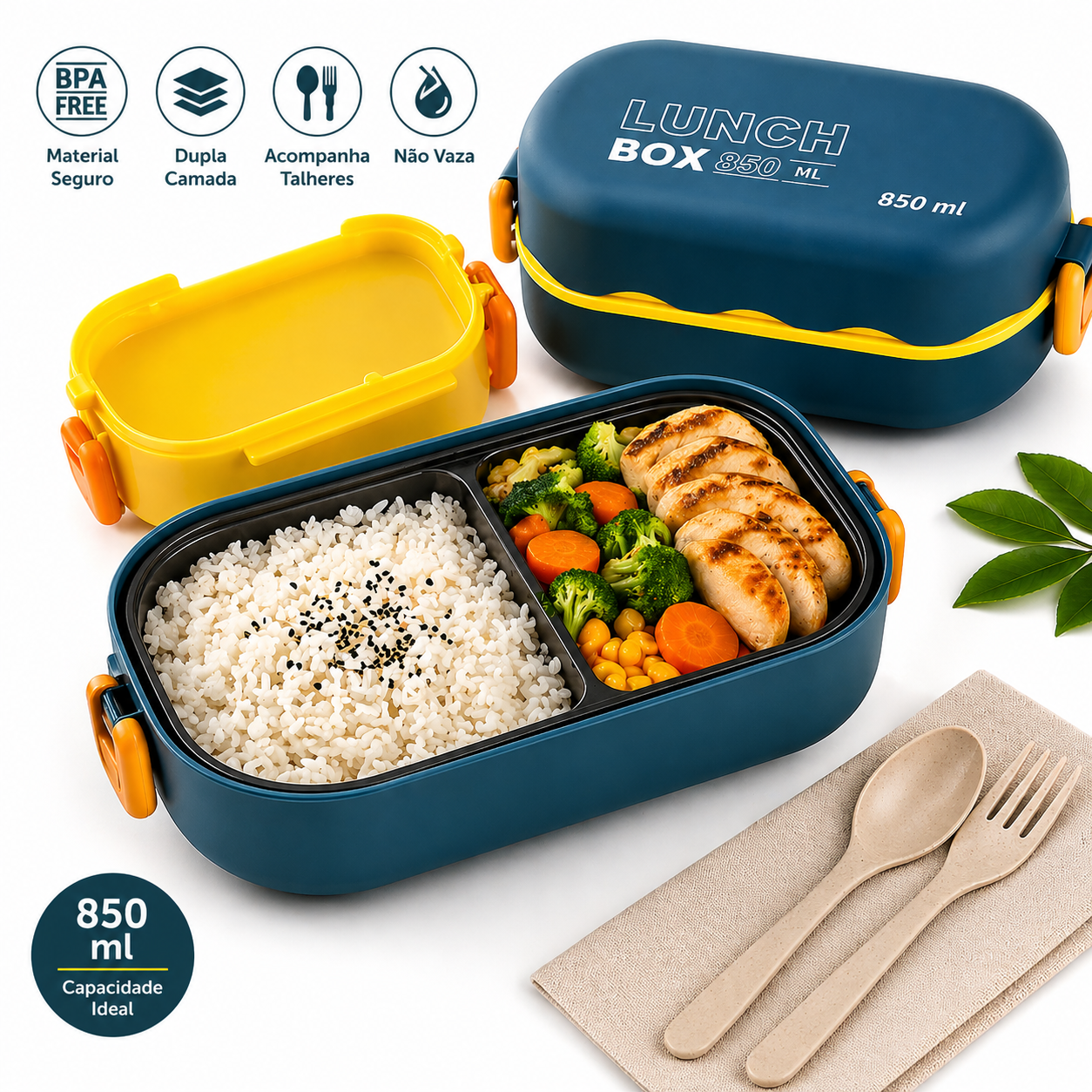 Marmita Lunch Box 850ml com Divisórias e Talheres BPA Free Azul 3