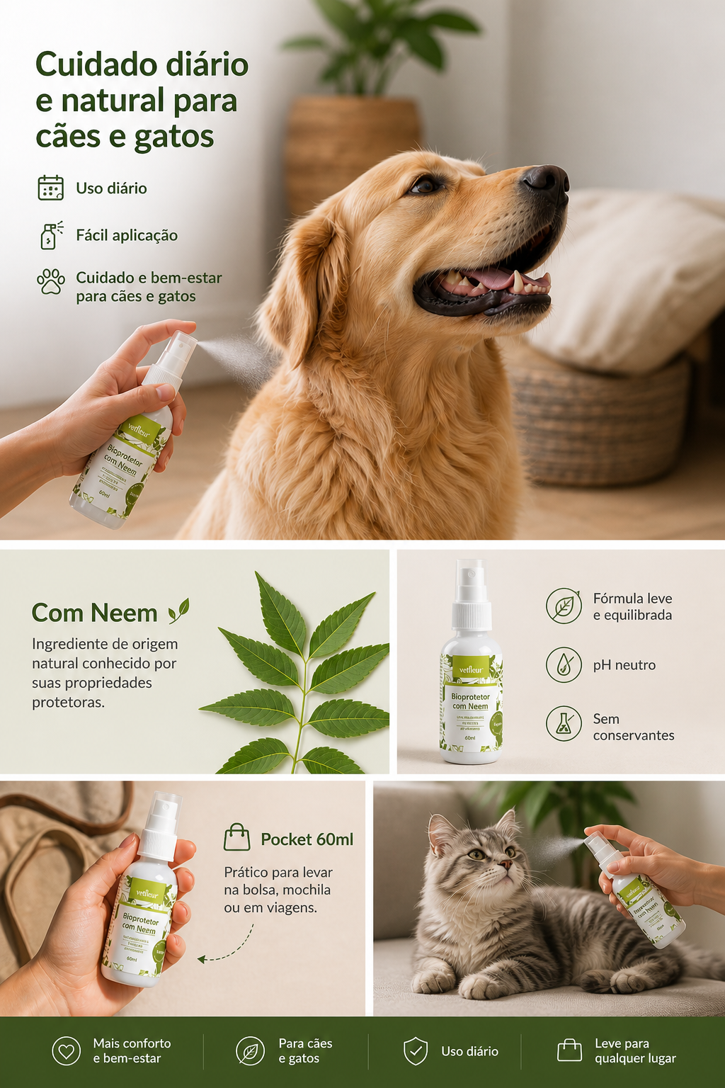 Spray Natural Vetfleur Neem 60ml para Cães e Gatos – Higiene e Proteção para Pets 3