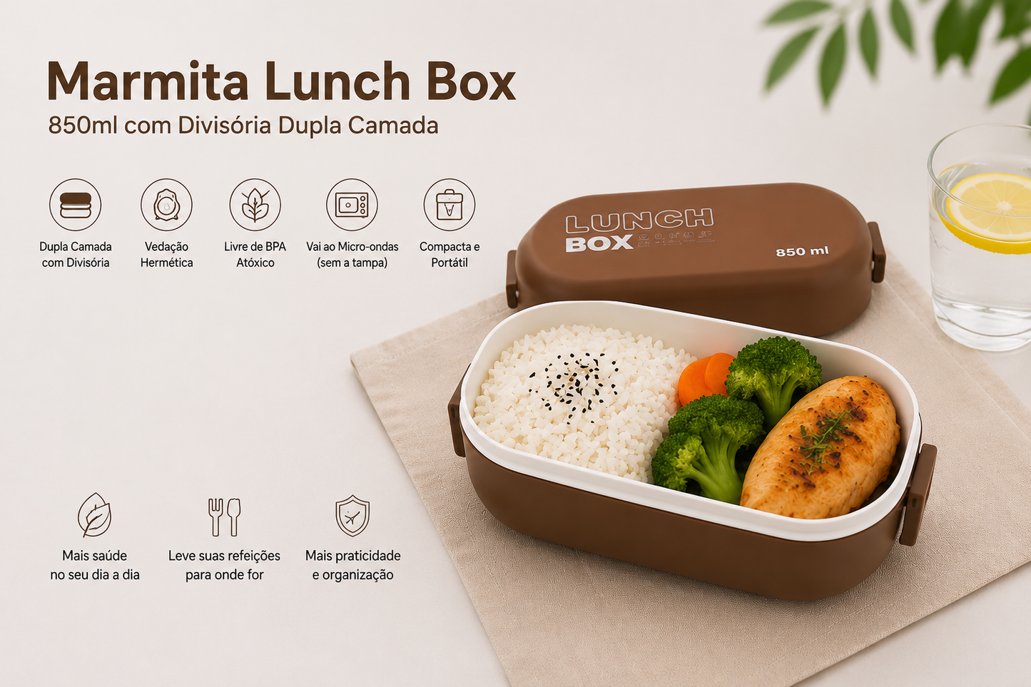 Marmita Bento Hermética 850ml – Marrom Café