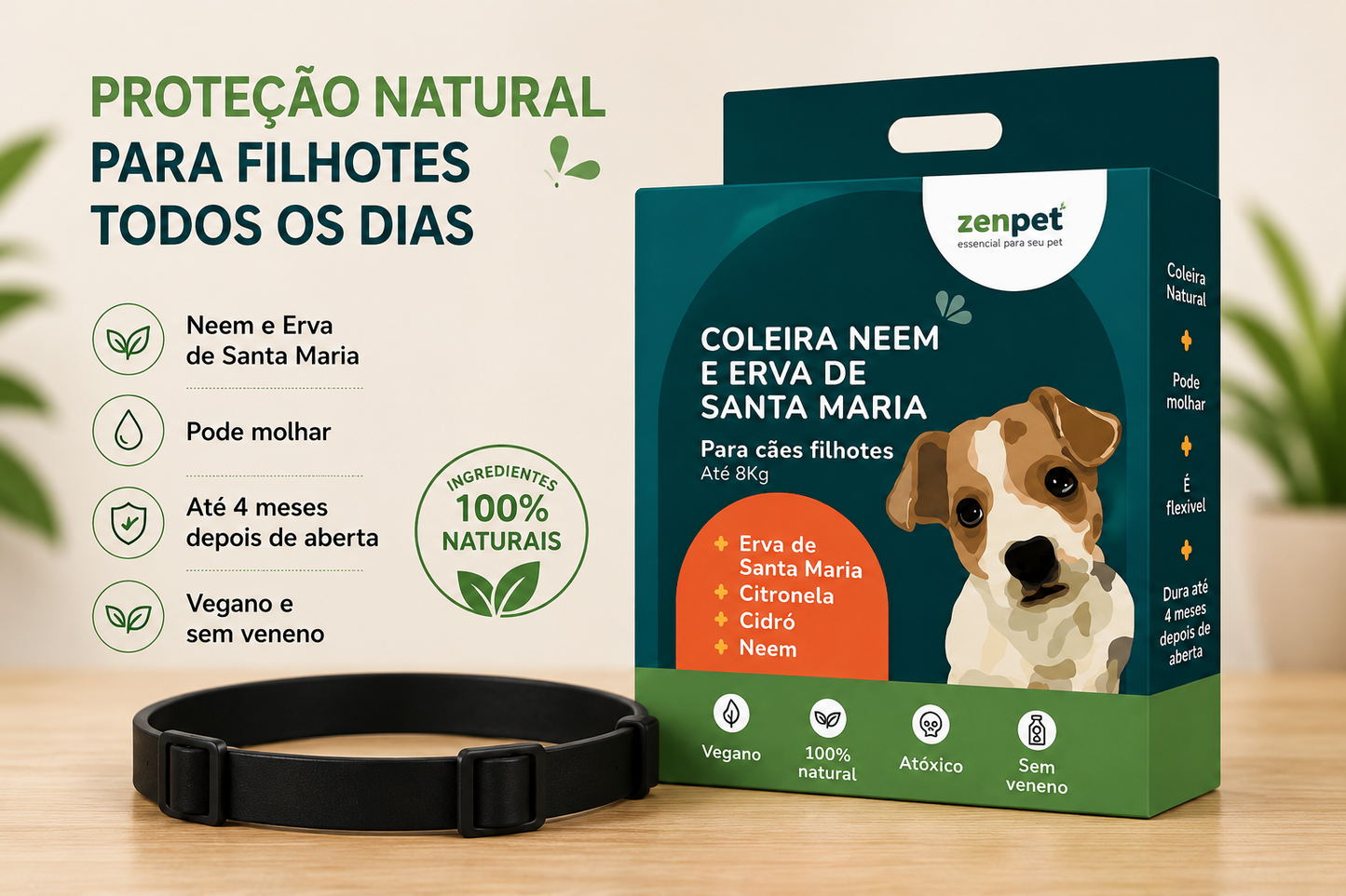 Coleira Natural ZenPet com Neem e Erva de Santa Maria para Cães Filhotes até 8kg 1