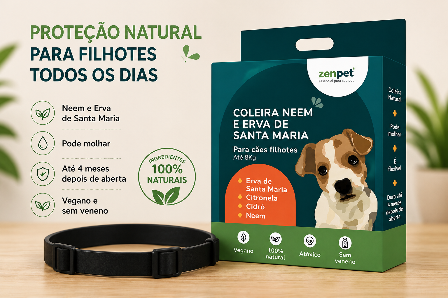 Coleira Natural ZenPet com Neem e Erva de Santa Maria para Cães Filhotes até 8kg 1