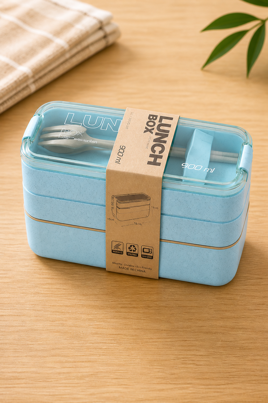 Marmita Bento Box Azul Clara 850ml com talher