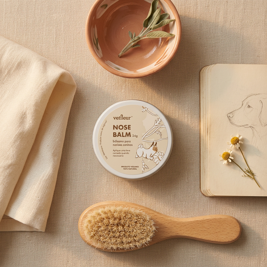 Nose Balm Vetfleur 24g – Hidratante Natural para Nariz de Cães | Vegano e Sem Óleo Essencial — Bee Zen (flatlay-ritual)