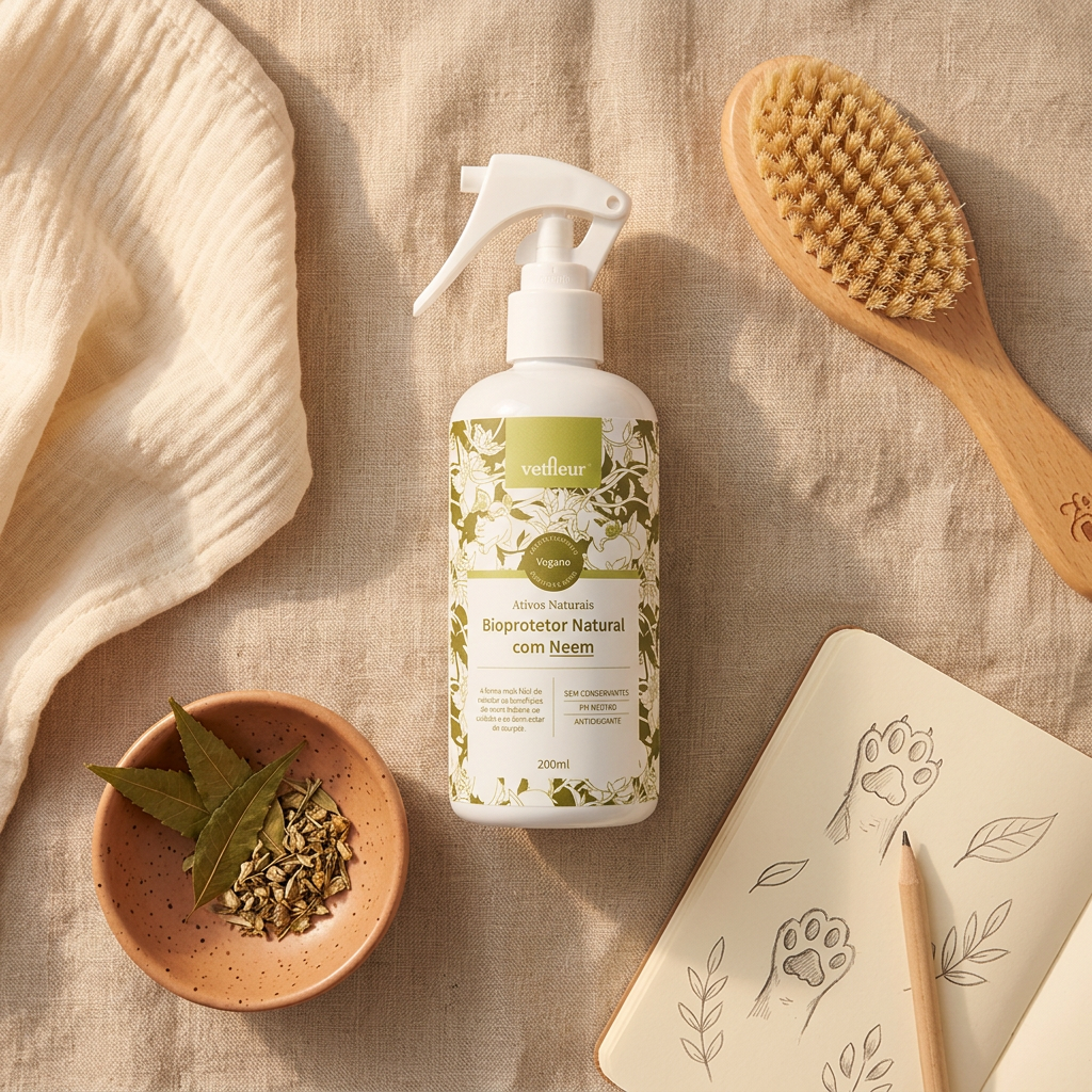 Bioprotetor com Neem Vetfleur 200ml – Spray Natural para Cães e Gatos | Livre de Conservantes — Bee Zen (flatlay-ritual)