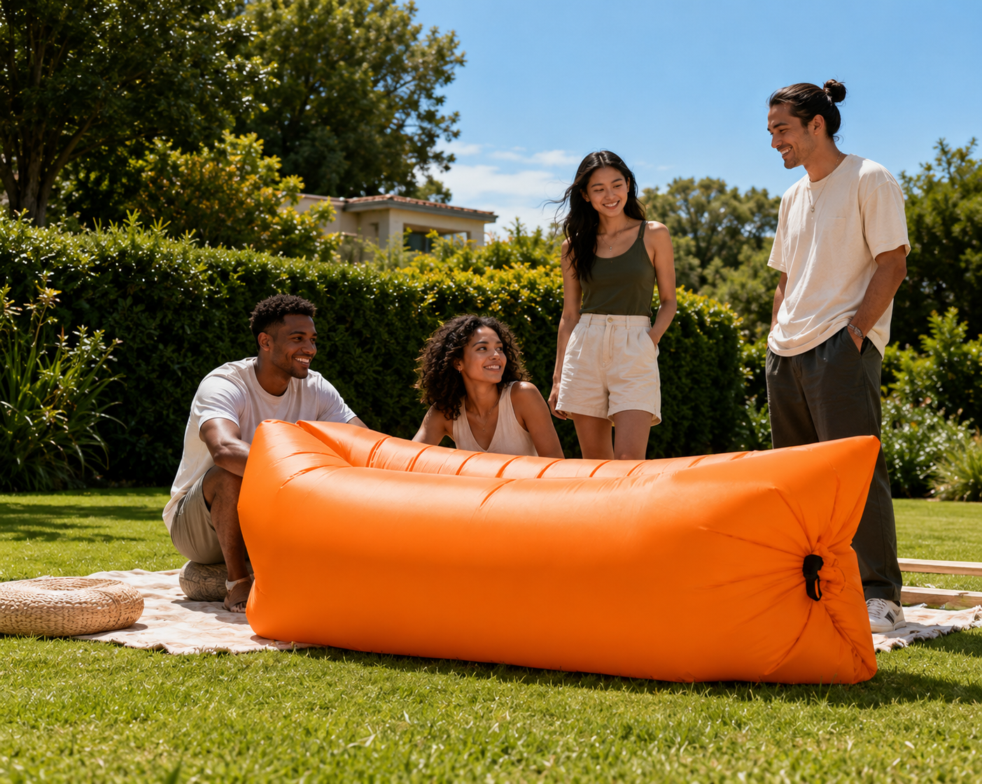 Sofá inflável laranja com amigos no jardim